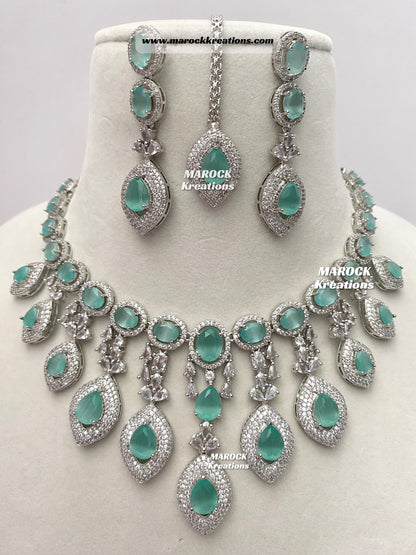 Silver American Diamond Necklace set comes with earrings and tikka