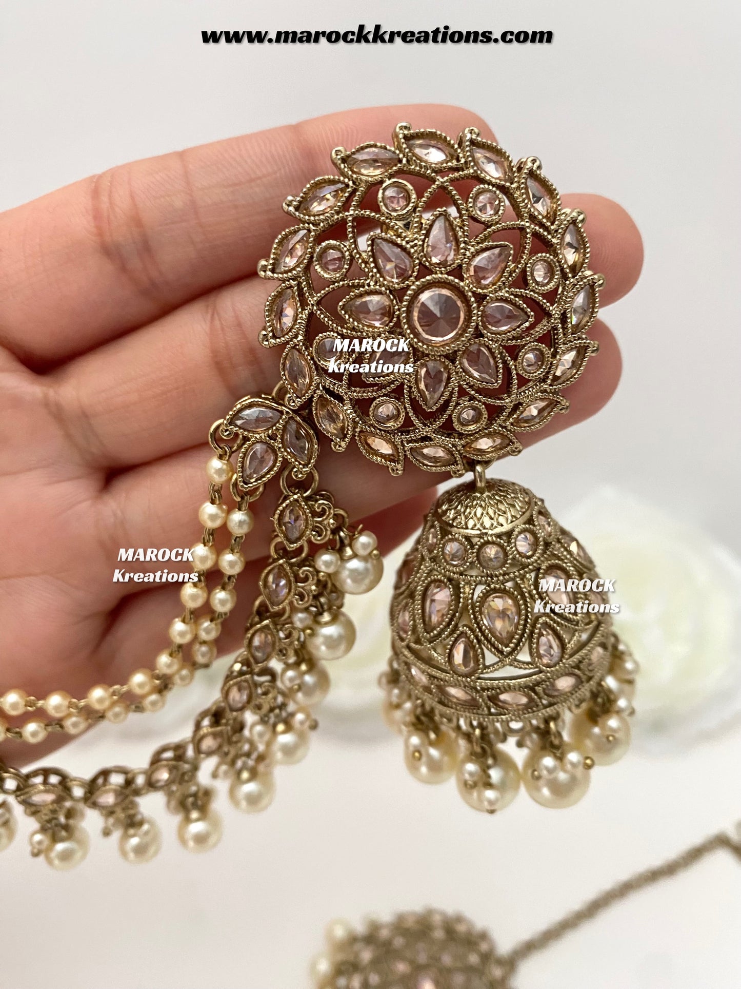 Nahida Antique Gold Polki Jhumki Earrings and tikka set/Jhumki with attached Saharey/Ear chains
