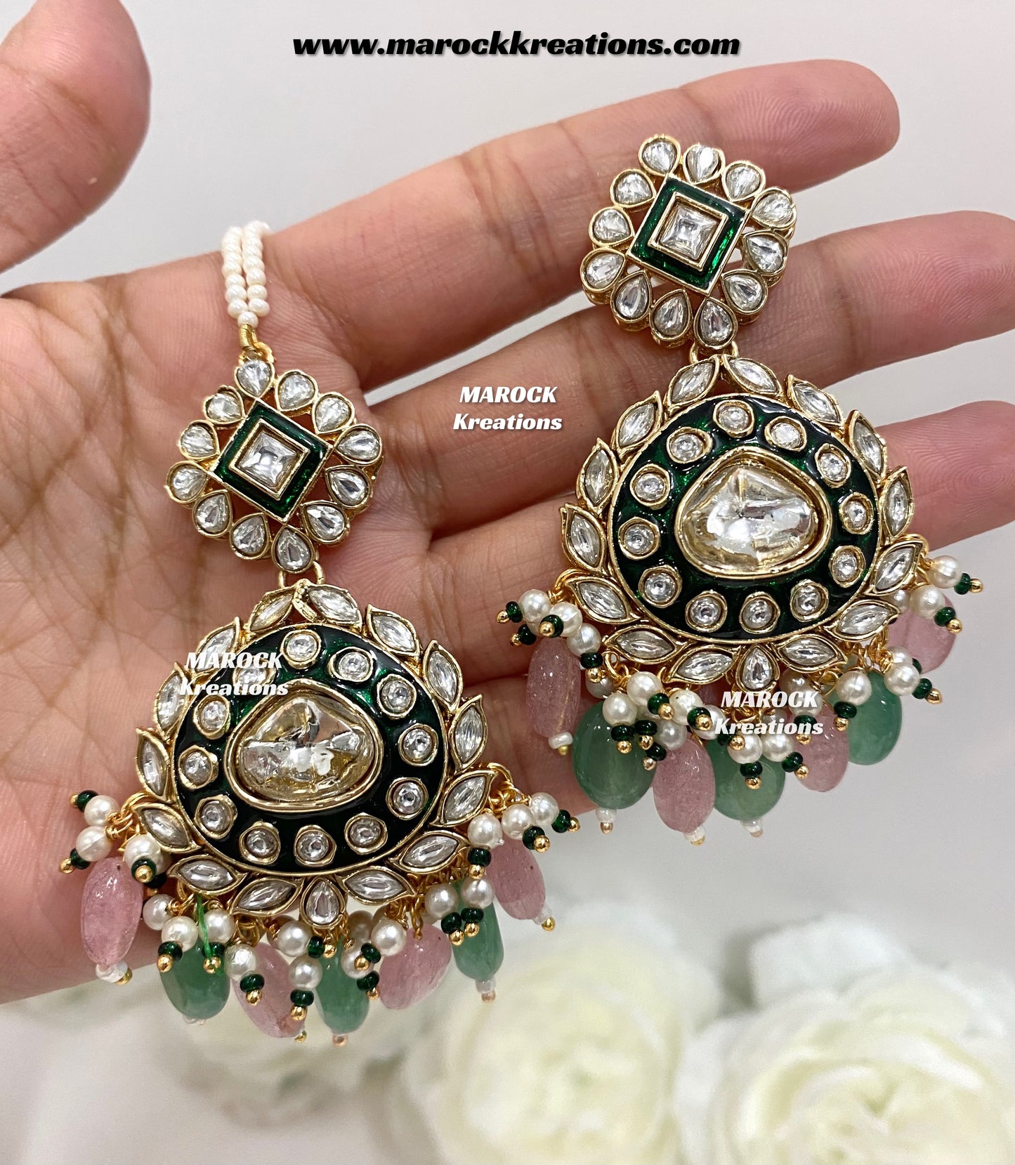 Saher Uncut Kundan Meenakari Earrings and tikka set