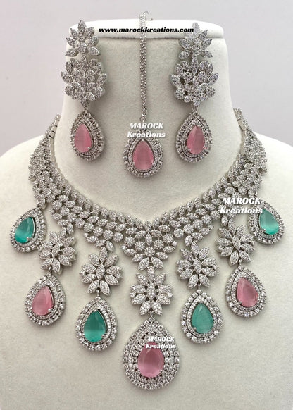 Silver American Diamond Statement Necklace set