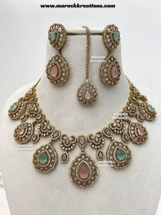 Tareena Antique Gold American Diamond Statement Necklace set