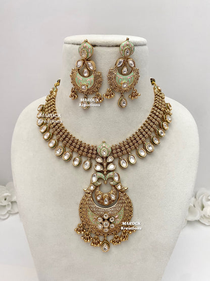 Nadia Premium Quality Gold plated Kundan exclusive Meenakari Necklace set