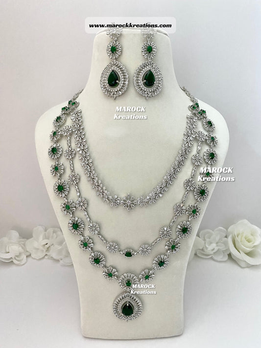 Silver/Green American Diamond 3 layers Rani haar set