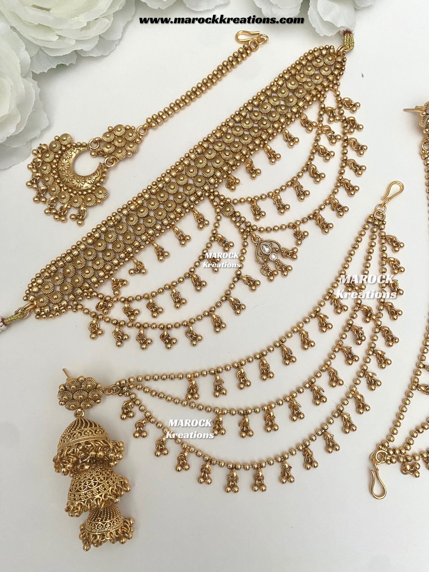 Tahmina Premium Quality Gold Plated statement choker set/triple layer Earchains/ Saharey attached with Earrings