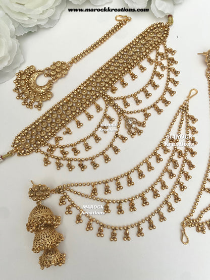 Tahmina Premium Quality Gold Plated statement choker set/triple layer Earchains/ Saharey attached with Earrings