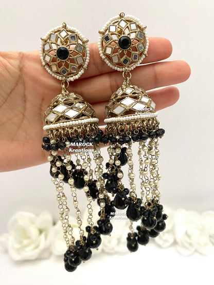 Antique Gold Mirror Statement Jhumki long Earrings