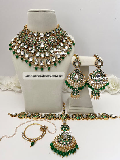 Trendy Uncut Kundan Green Meenakari Statement Bridal set