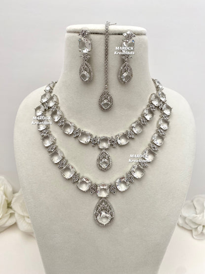 Aster Silver American Diamond Double layer Necklace set