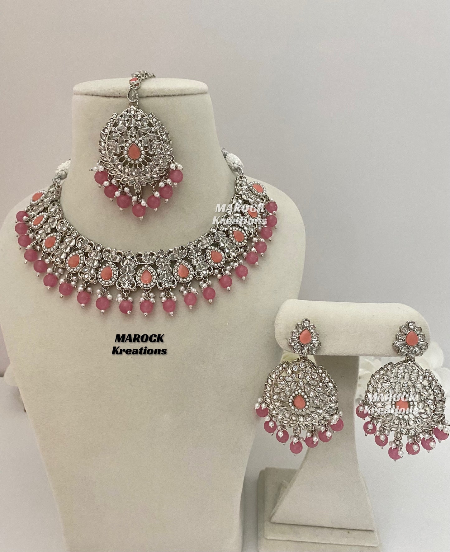 Silver/Dark Pink Polki Necklace set