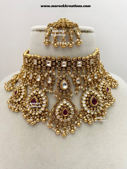 Menika Premium Quality Gold plated statement Necklace set/Bridal set