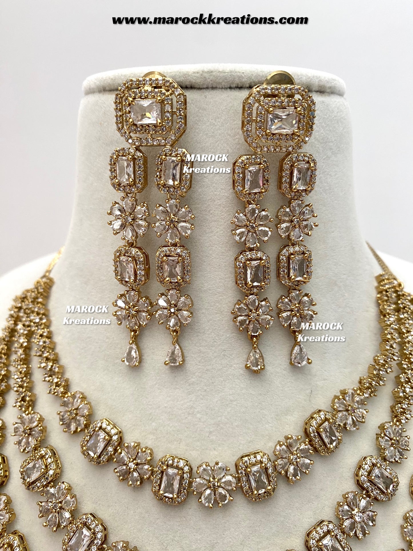 Arvin Antique Gold American Diamond triple layer Statement Necklace set