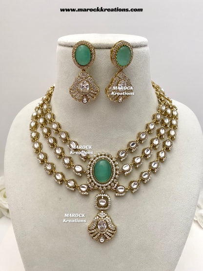 Salina Premium Quality Moissanite Kundan triple layer Necklace set