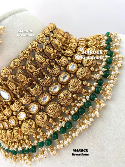 Elegant Gold Plated premium quality Kundan Green Statement Necklace set/Bridal set