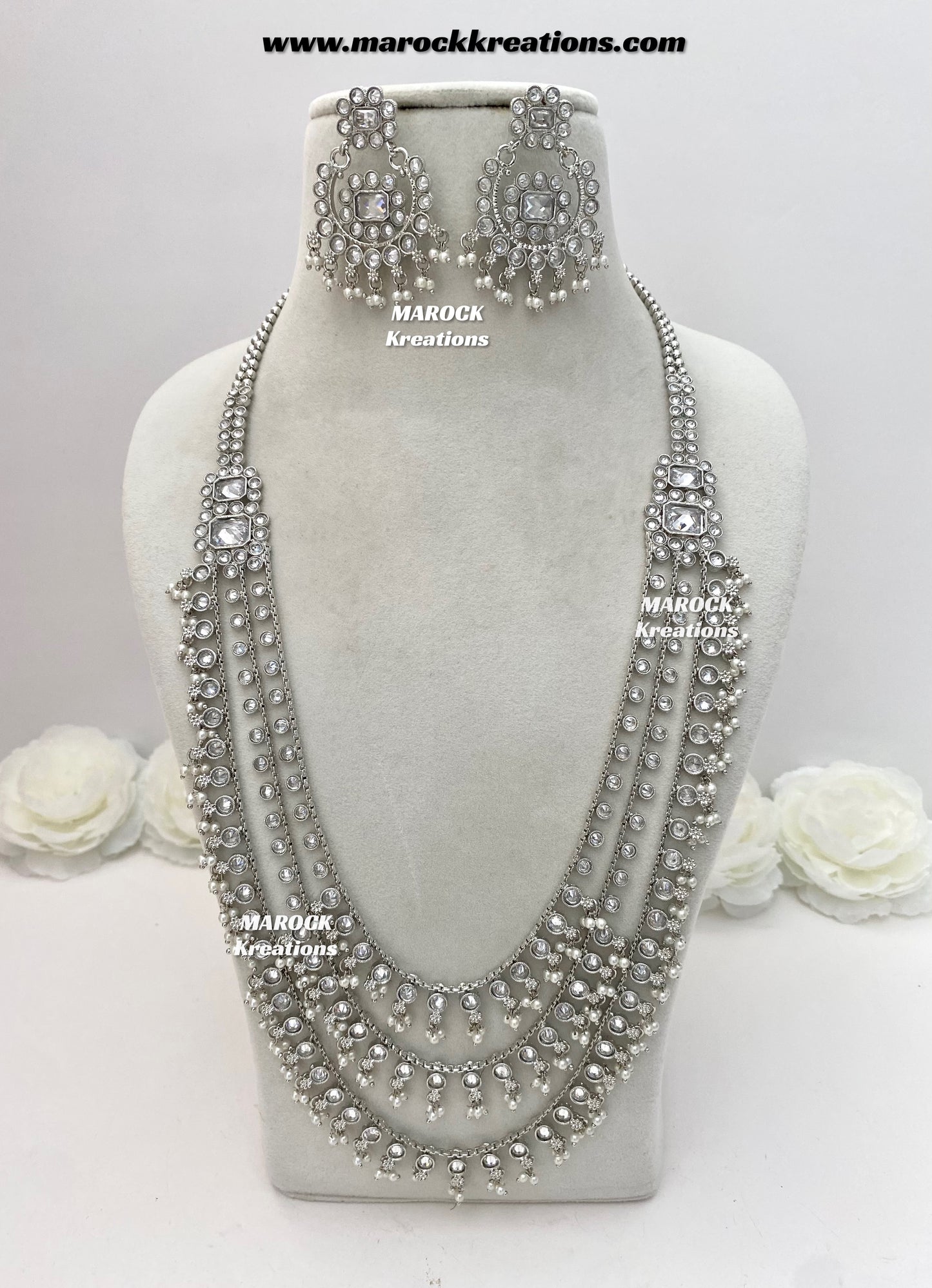 Meghan Premium Quality Polki triple layer silver statement Rani haar set