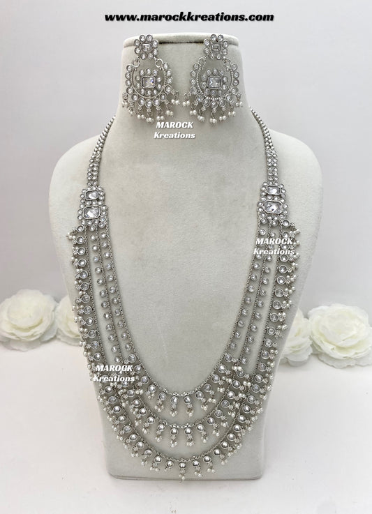Meghan Premium Quality Polki triple layer silver statement Rani haar set