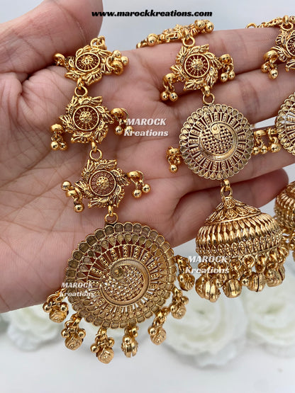 Premium Quality Gold plated Jhumki Earrings(Saharey attached) and tikka set