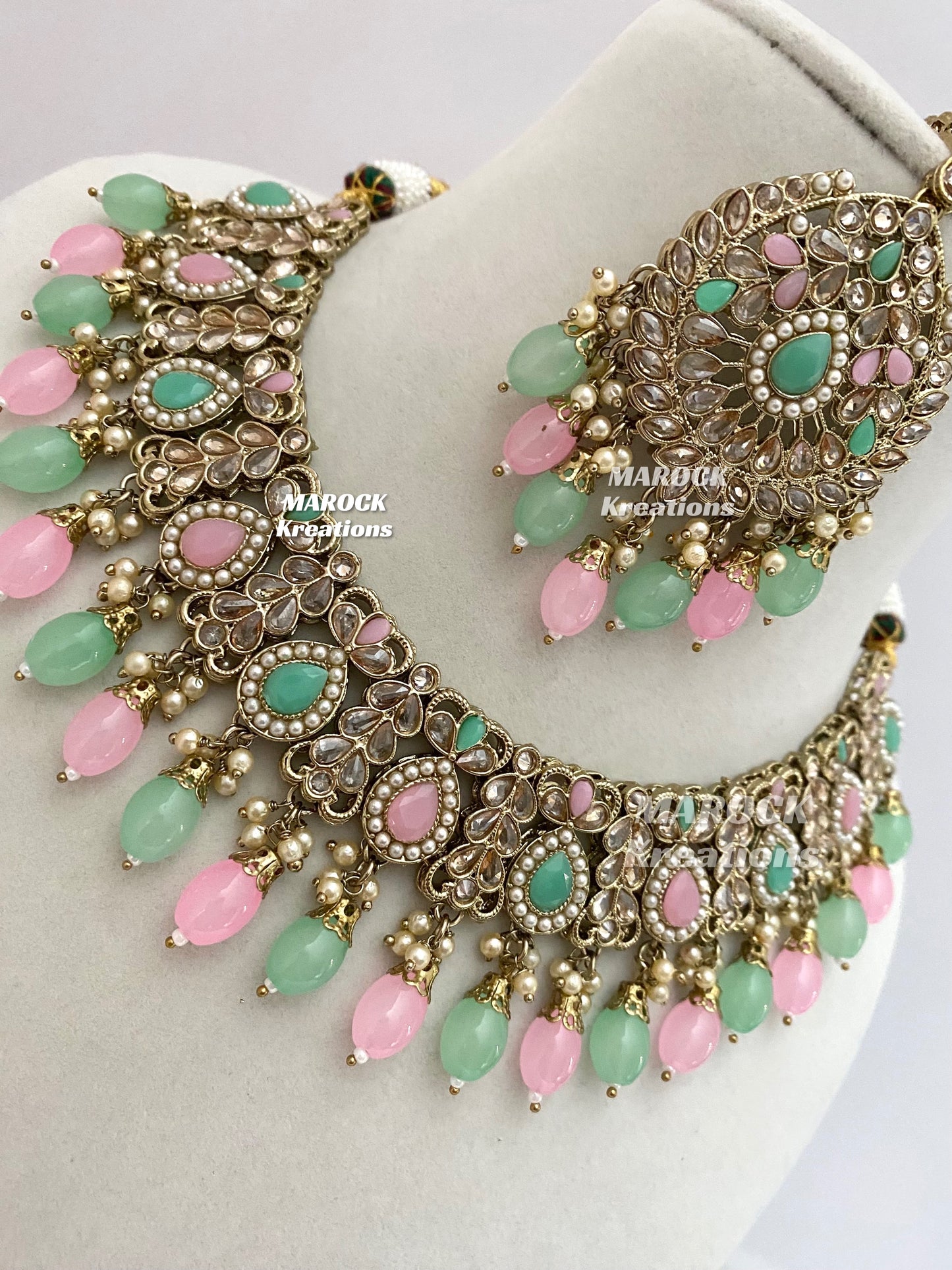 Antique Gold/Pink and Mint Polki Necklace set