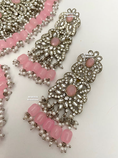 Silver/Pink Pakistani choker and necklace combo set/Pakistani Bridal set