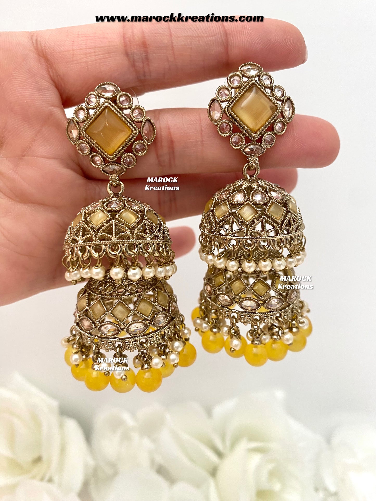 Rehana Antique Gold Polki double jhumki Statement Earrings