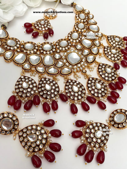 Trendy Uncut Kundan Maroon Statement Necklace set/Bridal set