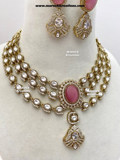 Salina Premium Quality Moissanite Kundan triple layer Necklace set