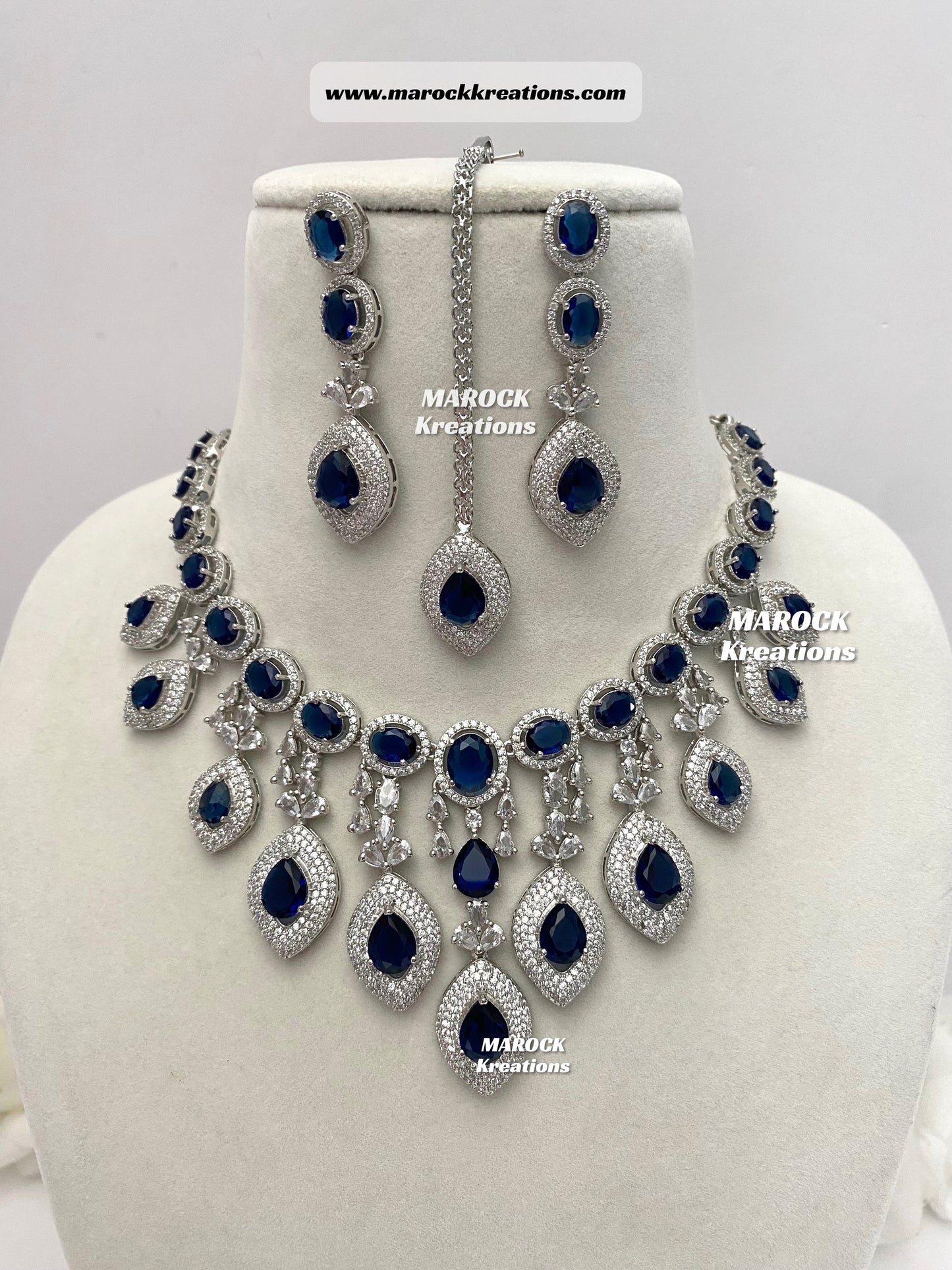 Silver American Diamond Necklace set comes with earrings and tikka