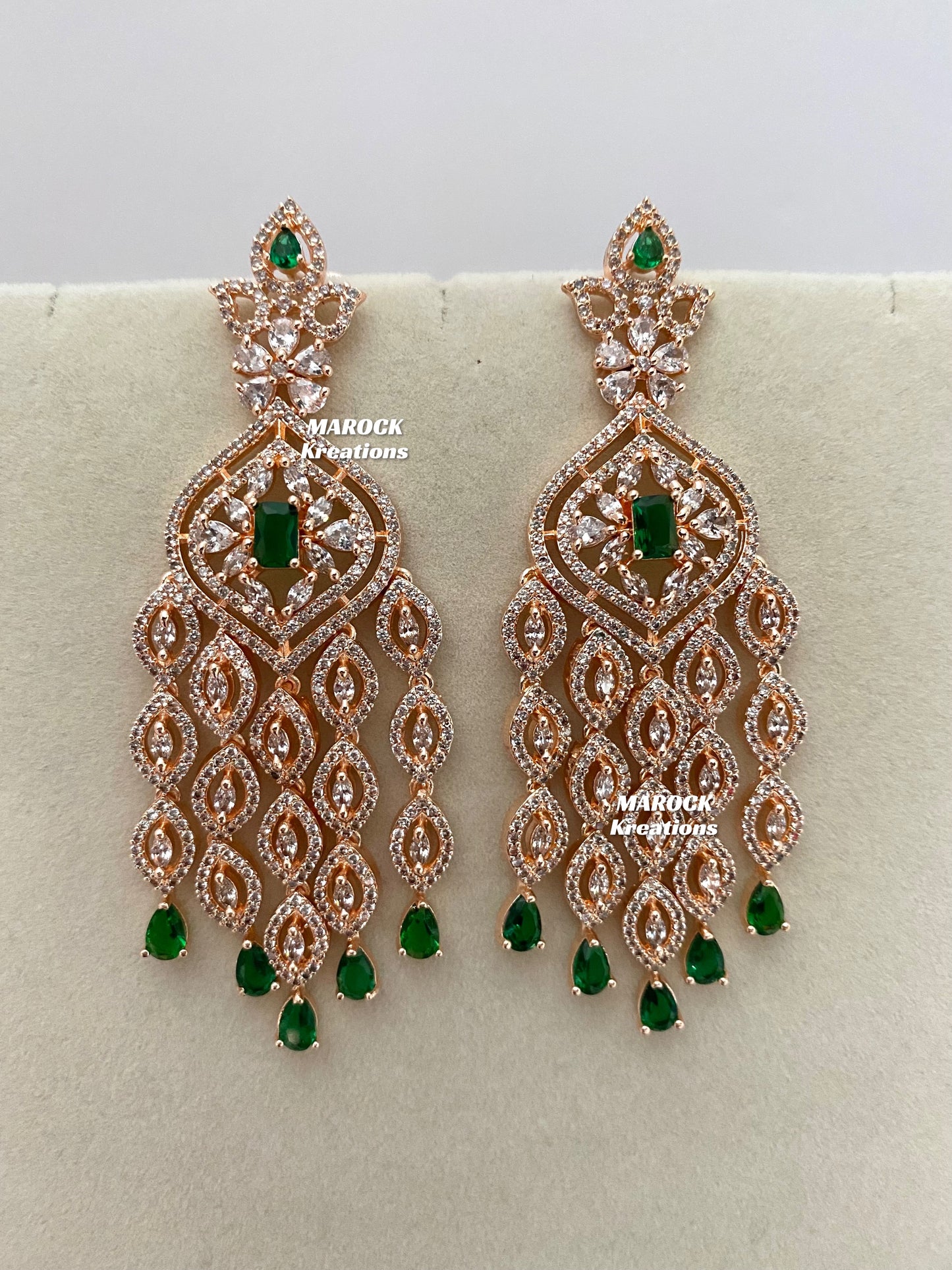 Rose Gold/Green American Diamond Earrings