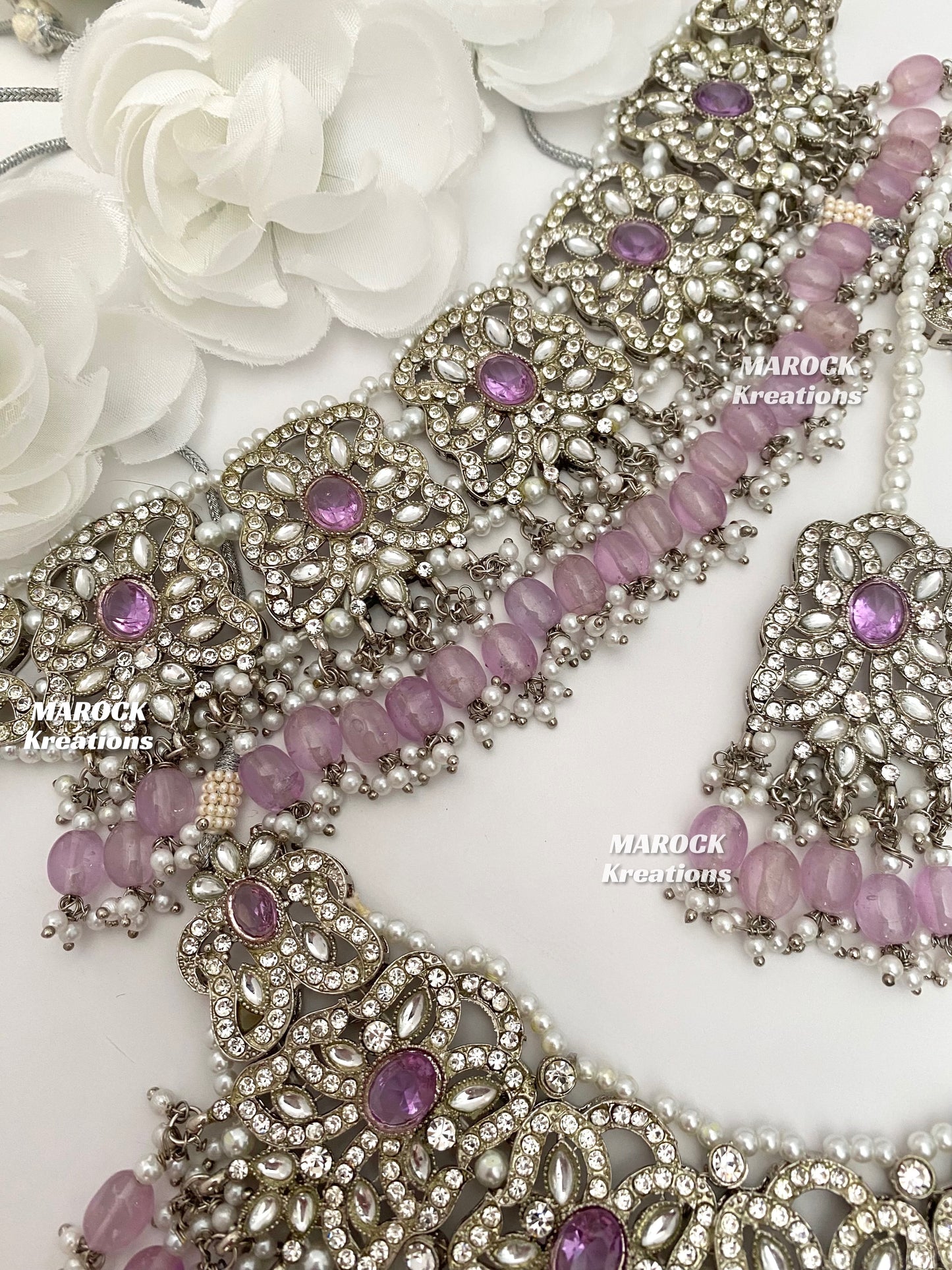 Silver/Lavender Pakistani choker and necklace combo set/Pakistani Bridal set