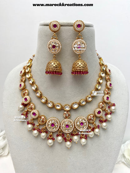 Premium Quality Gold Plated double layer Kundan Necklace set
