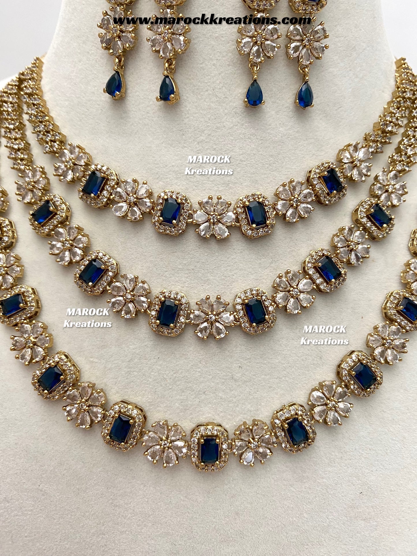 Arvin Antique Gold American Diamond triple layer Statement Necklace set