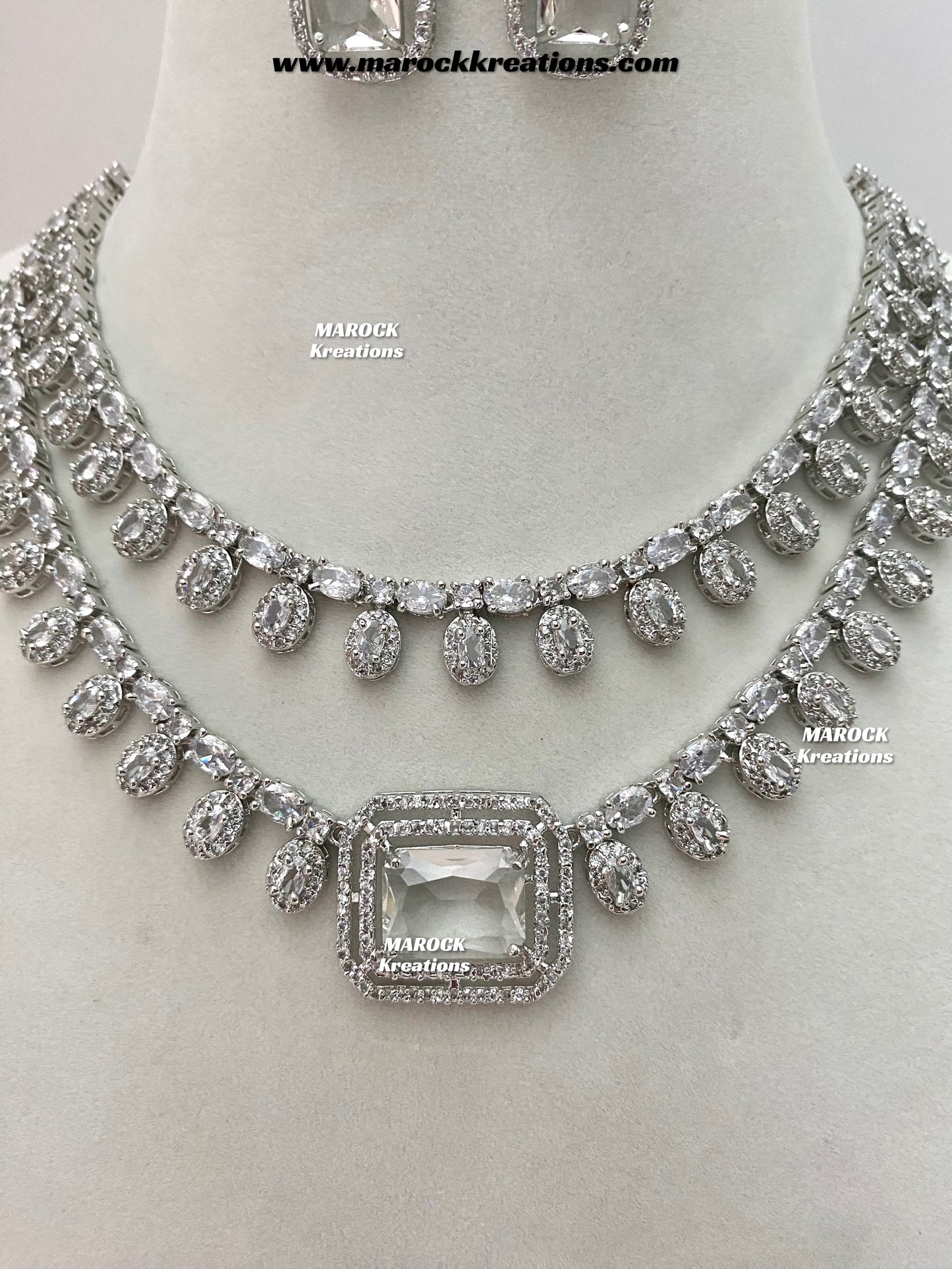 Eshika Silver American Diamond double layer Necklace set