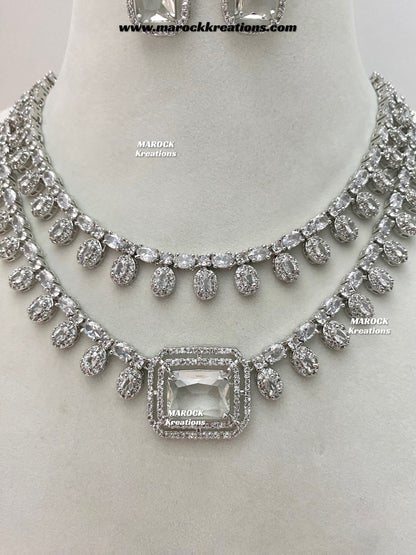 Eshika Silver American Diamond double layer Necklace set