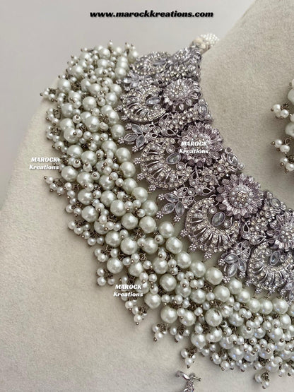 Silver Pakistani Polki choker/necklace set with Passa