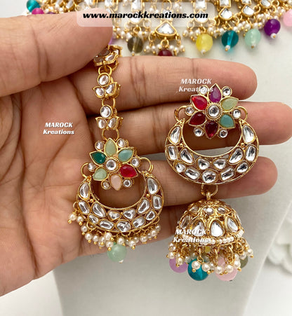 Statement Kundan Necklace set comes with Jhumki Earrings and Tikka