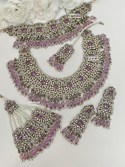 Silver/Lavender Pakistani choker and necklace combo set/Pakistani Bridal set