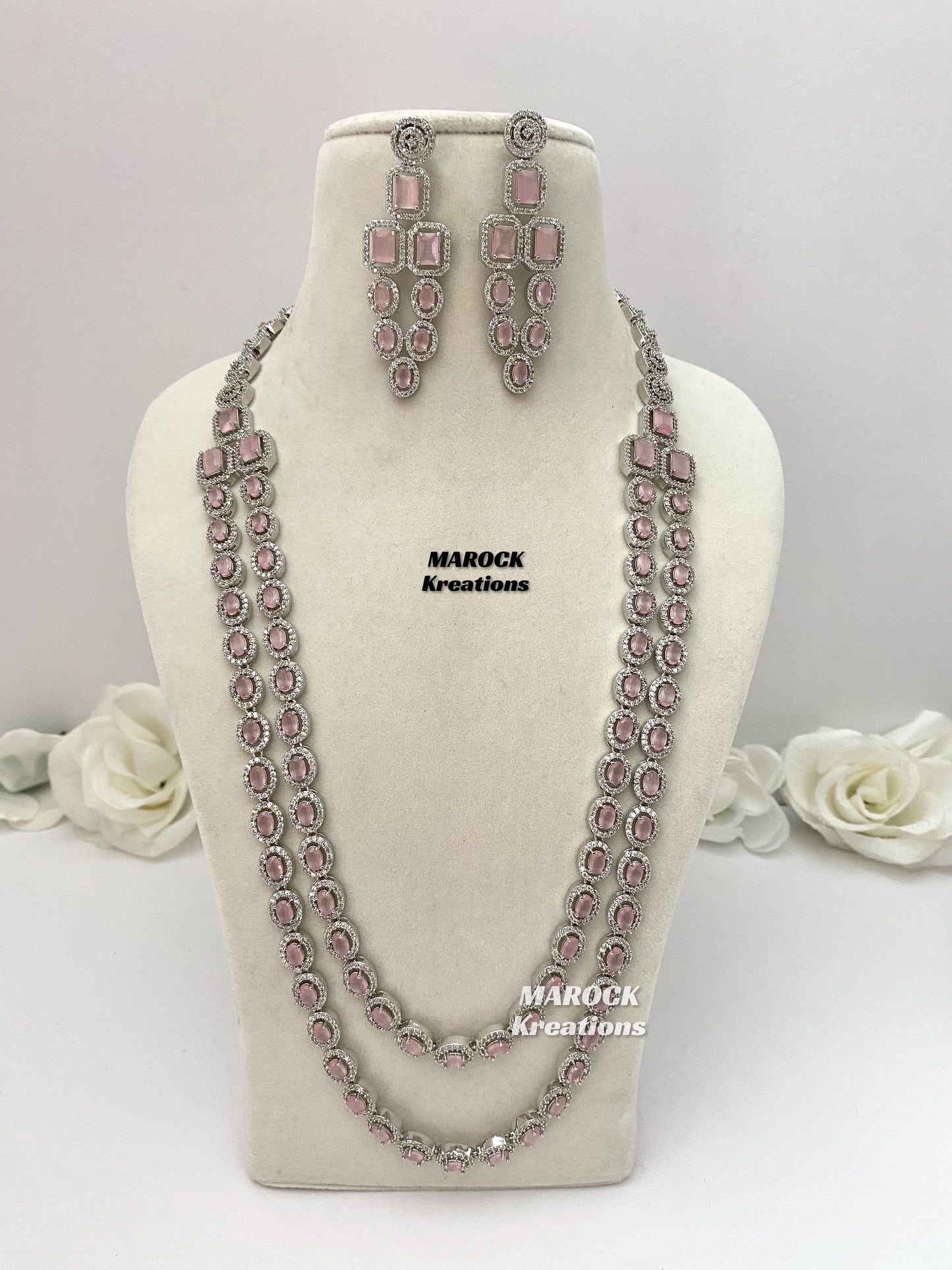 American Diamond/AD Rani Haar /Long necklace/Pink Rani haar