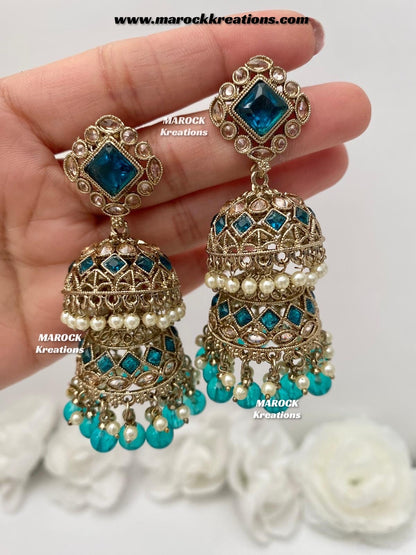 Rehana Antique Gold Polki double jhumki Statement Earrings