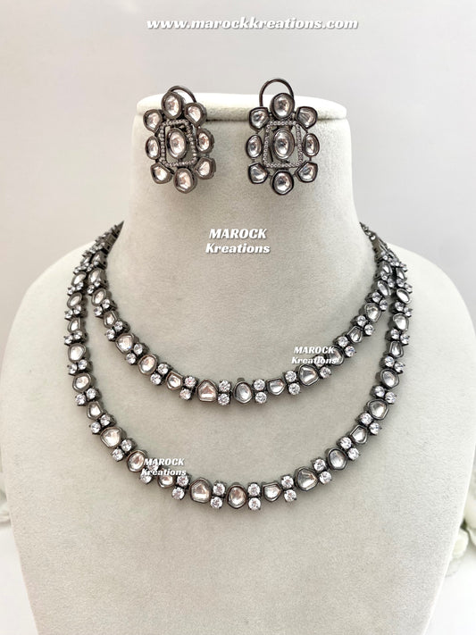 Prachi Tyani inspired Premium Quality Silver Victorian double layer Kundan Necklace set