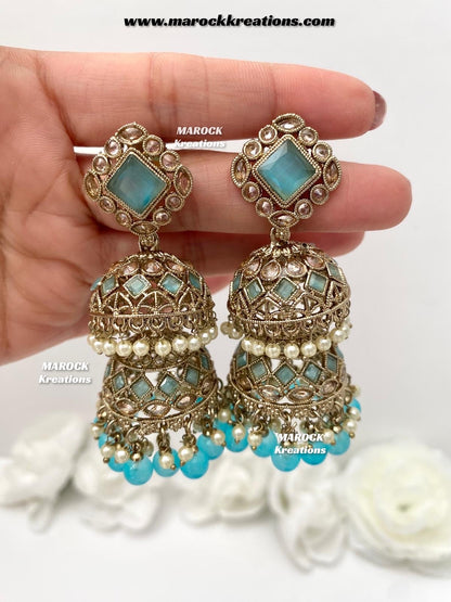 Rehana Antique Gold Polki double jhumki Statement Earrings