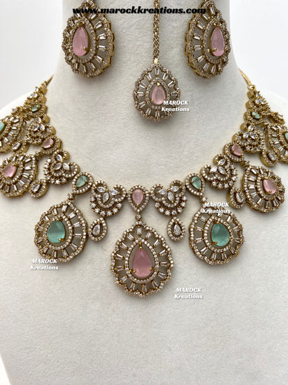 Tareena Antique Gold American Diamond Statement Necklace set