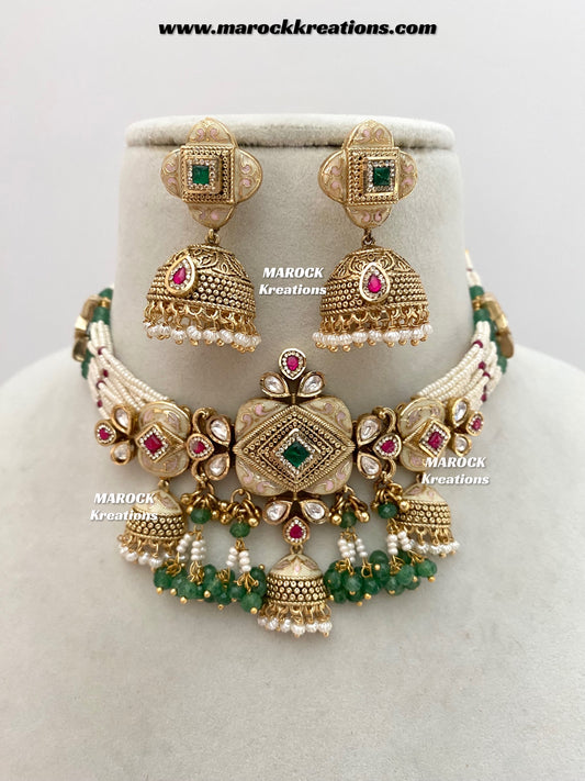 Habibi Premium Quality Gold plated Rajwadi Meenakari choker set