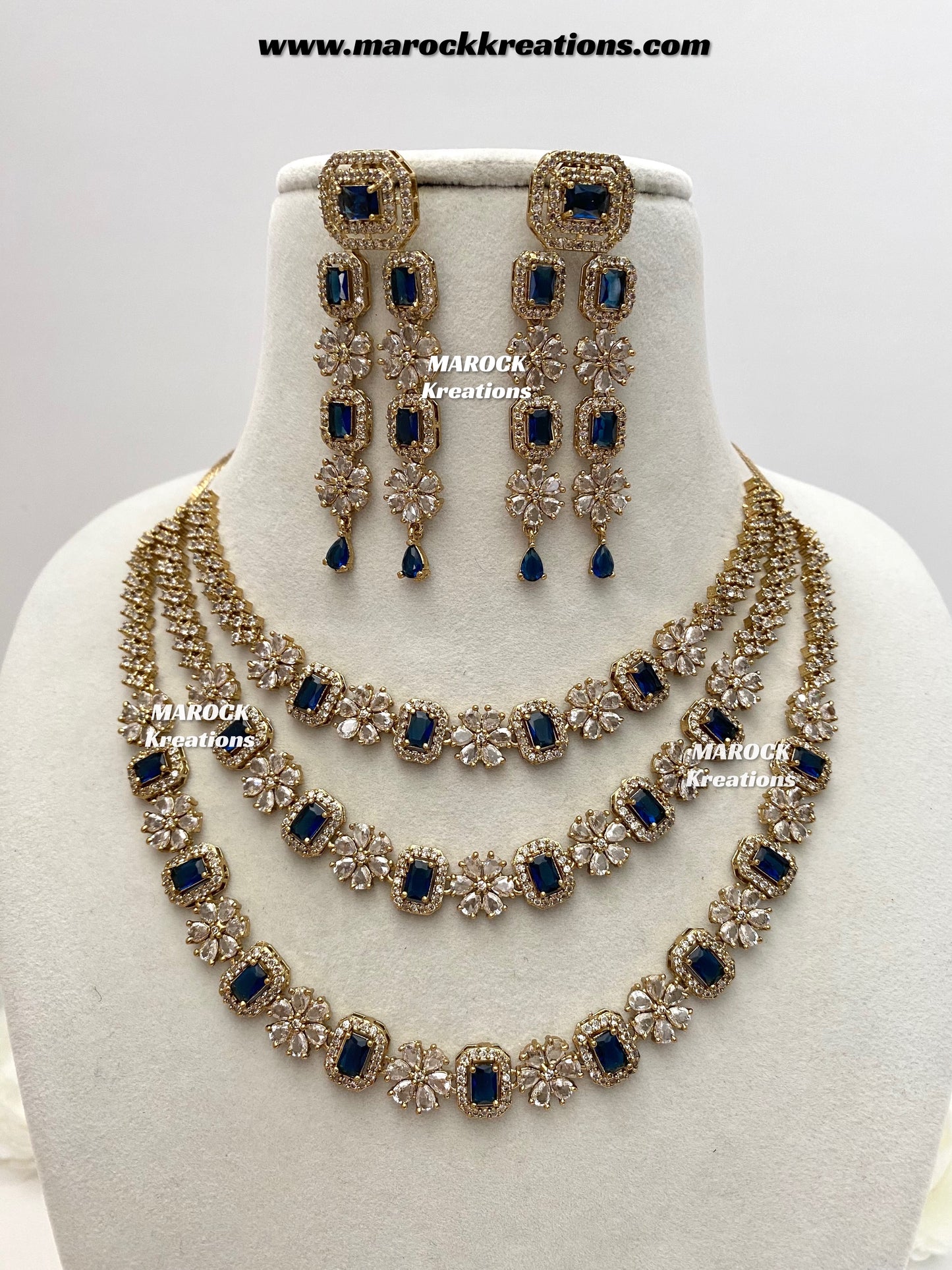 Arvin Antique Gold American Diamond triple layer Statement Necklace set