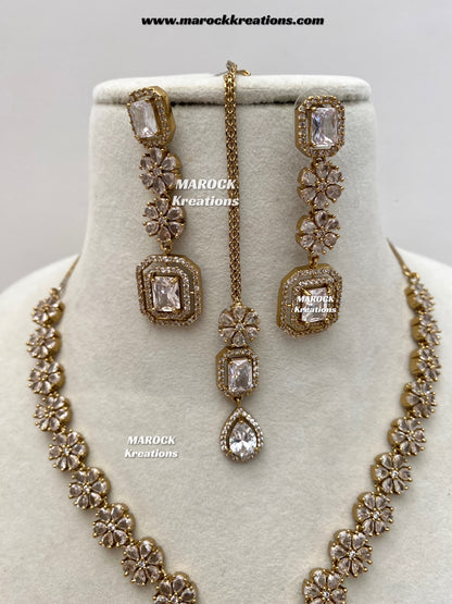 Claudia Antique Gold American Diamond Statement Necklace set