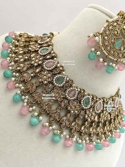 Antique Gold Pink/Mint Polki Choker set