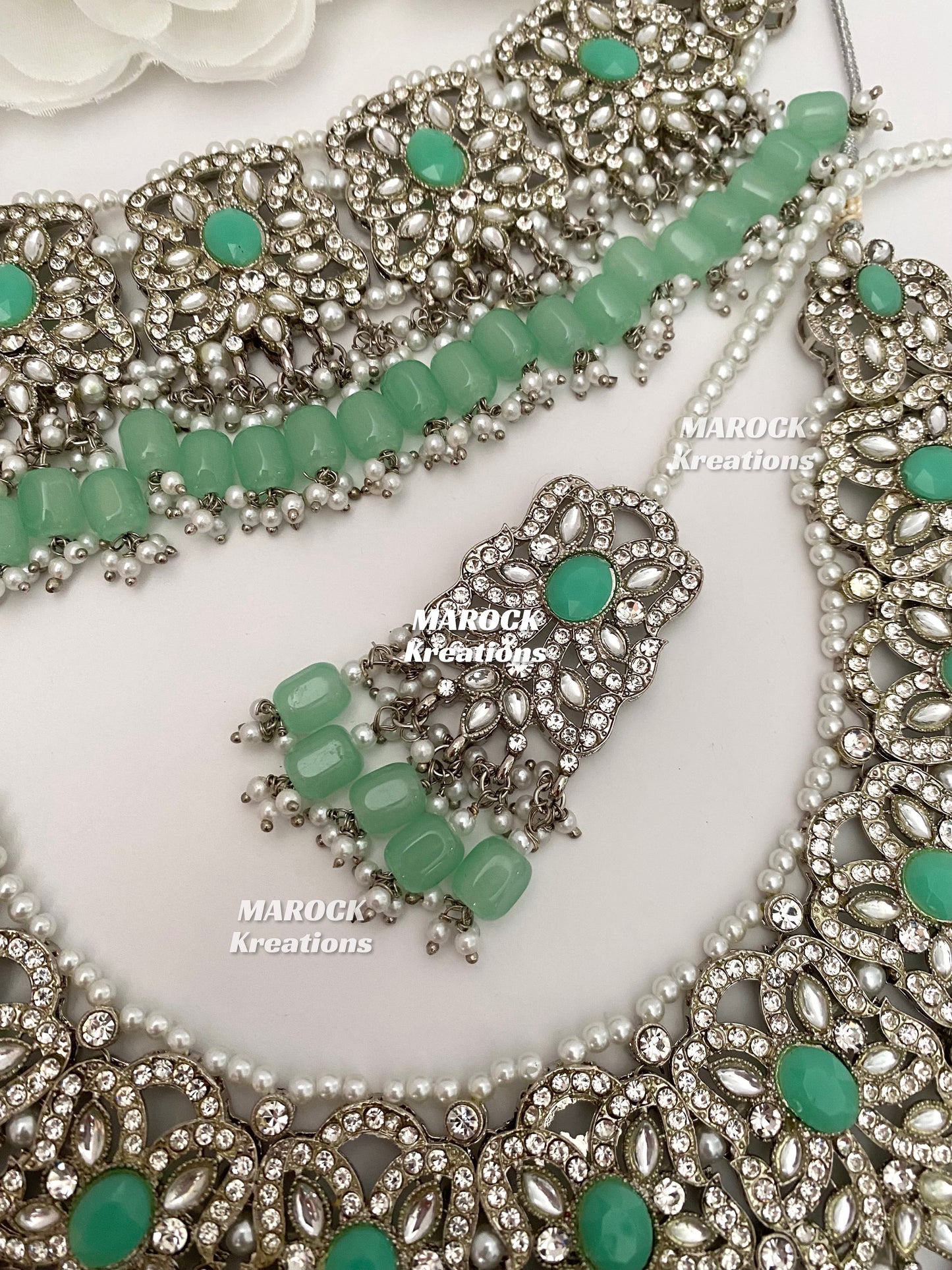 Silver/Mint Pakistani choker and necklace combo set/Pakistani Bridal set