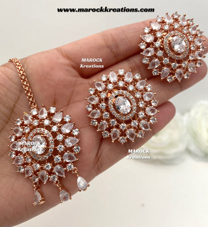 Rose Gold American Diamond studs earrings and tikka set