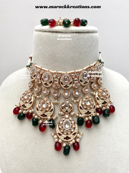 Nirvi Premium Quality Rose Gold Kundan Meenakari Choker/Necklace set