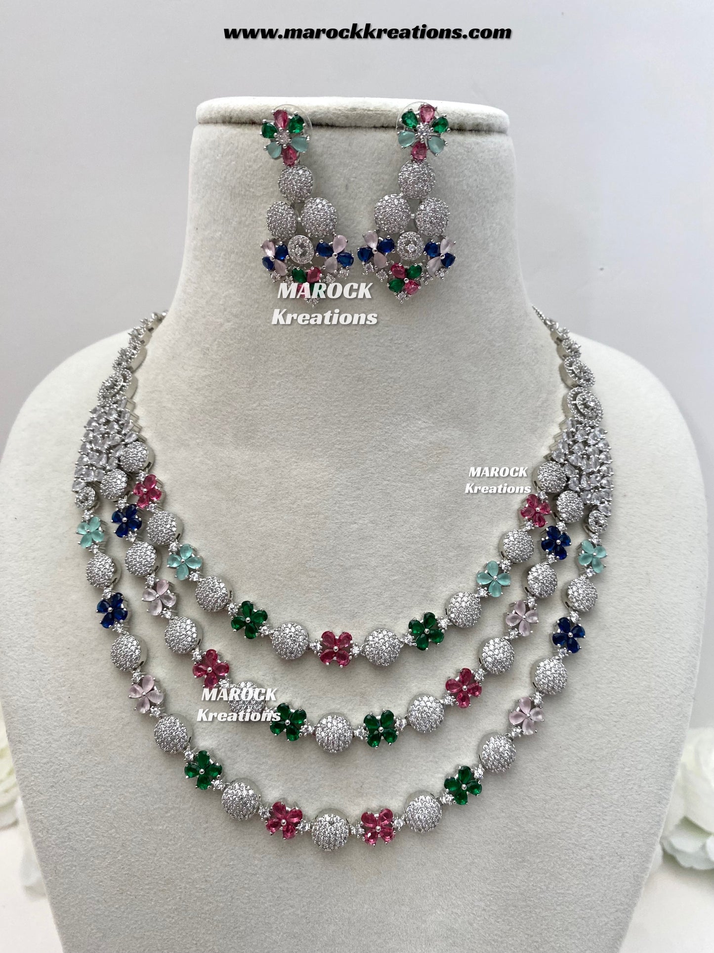 Kristin Silver American Diamond triple layer Necklace set