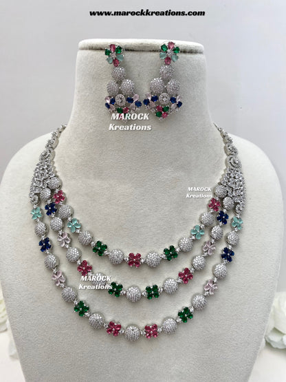 Kristin Silver American Diamond triple layer Necklace set