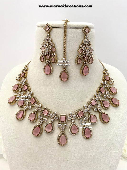 Erona Antique Gold American Diamond Statement Necklace set